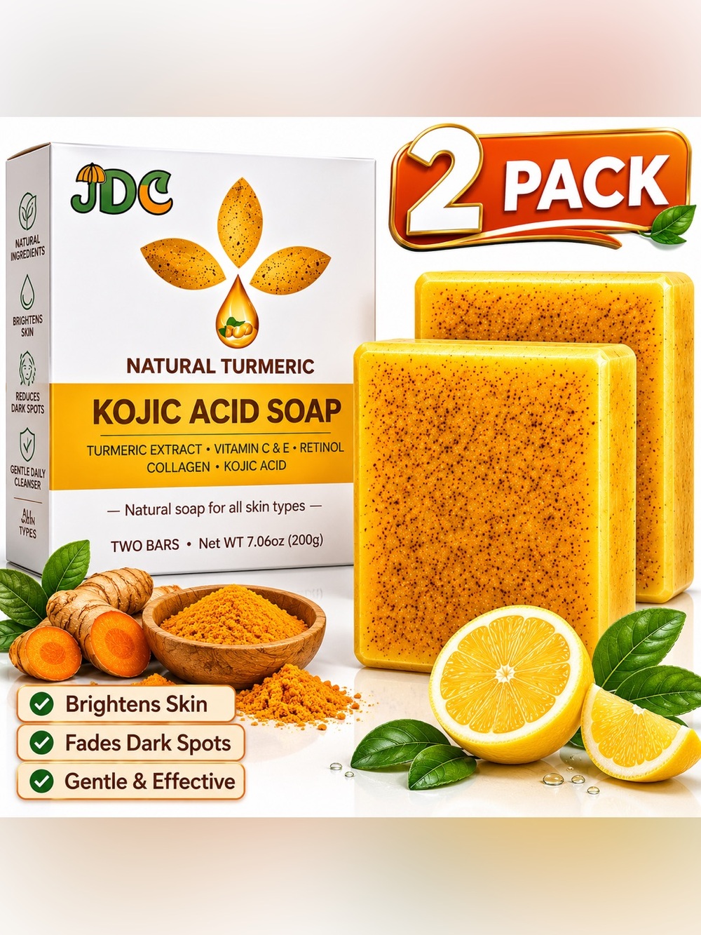 2 Bars Natural Turmeric & Kojic Acid Soap | Brightening | Vitamin C + E Vegan